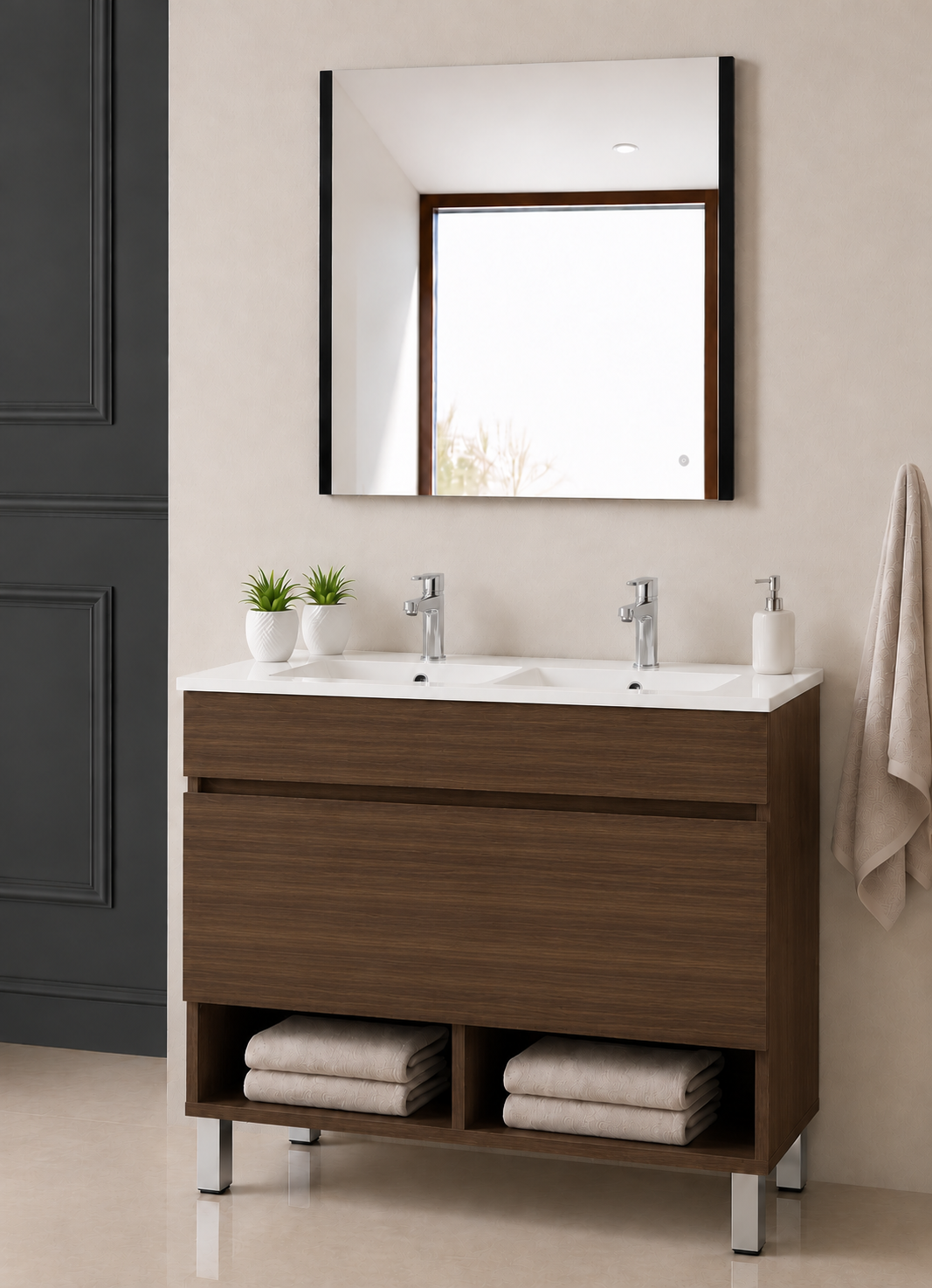 Meuble de salle de bain sur pieds NEBARI avec tiroir et lavabo extra-plat
