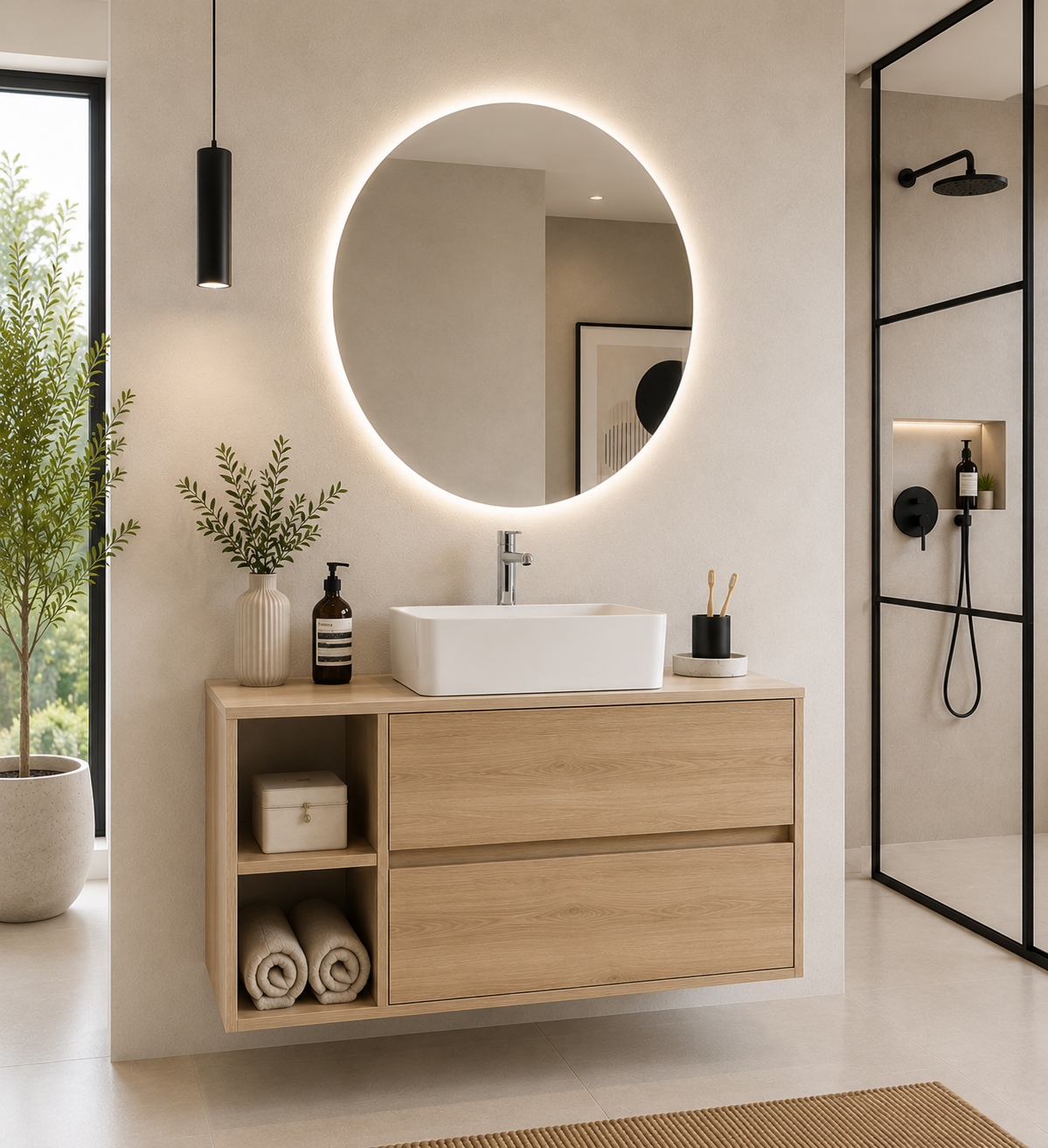 Meuble de salle de bain ZEUS avec plan de travail en bois et lavabo à poser