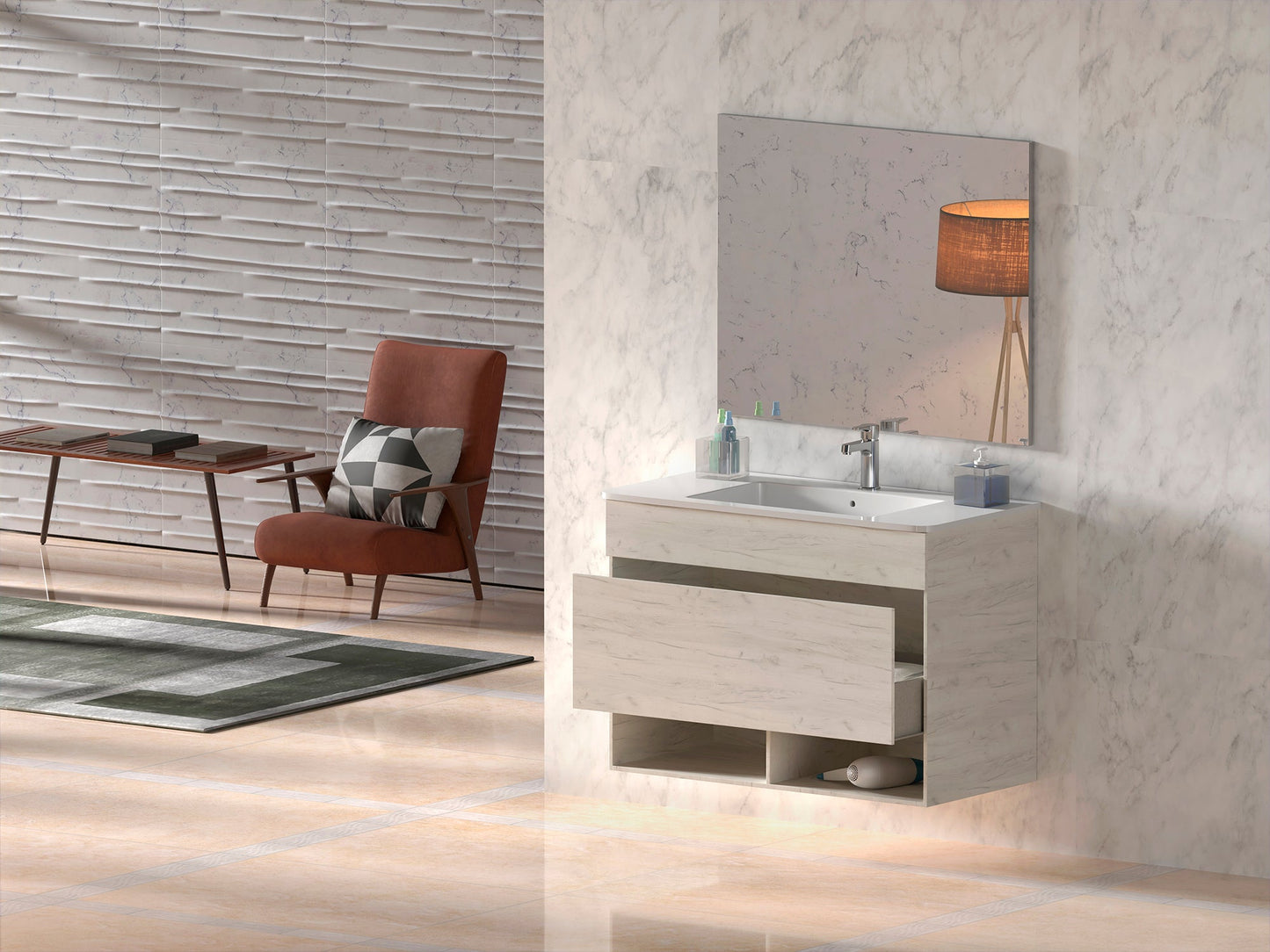 Meuble de salle de bain sur pieds NEBARI avec tiroir et lavabo extra-plat