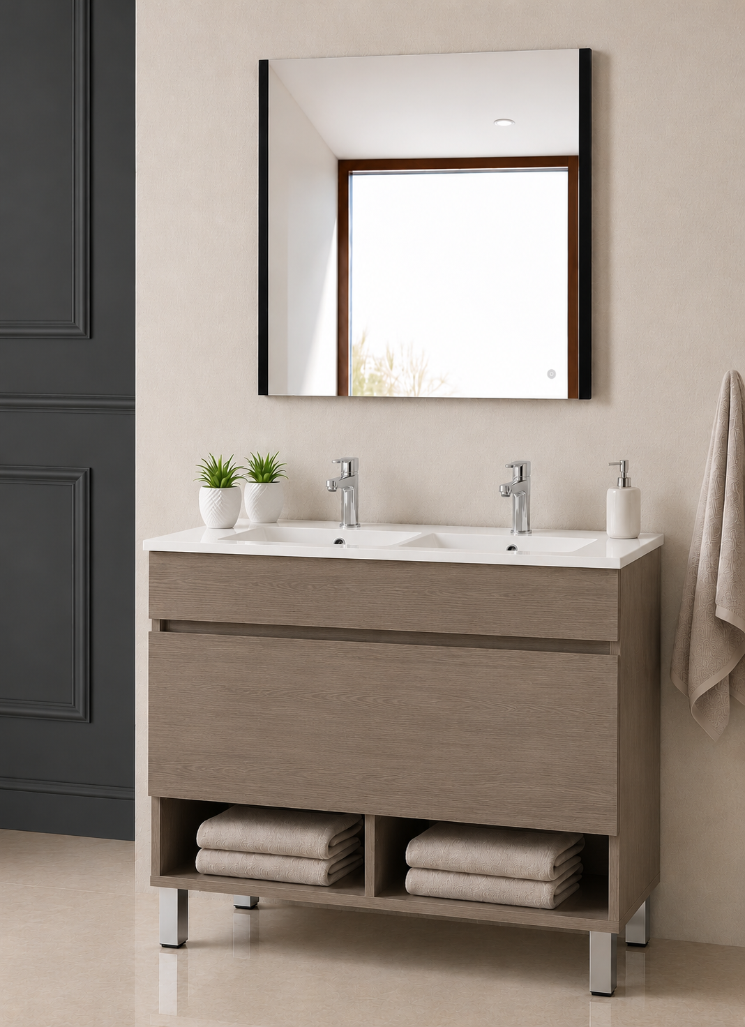 Meuble de salle de bain sur pieds NEBARI avec tiroir et lavabo extra-plat