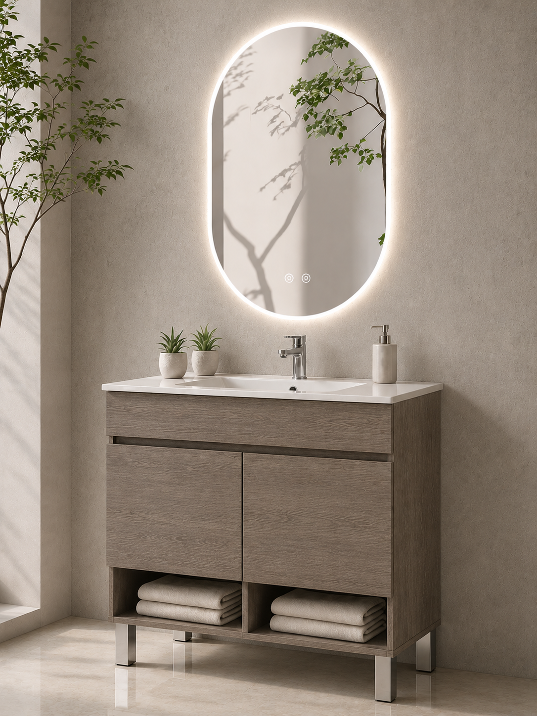 Meuble de salle de bain avec pieds NEBARI avec portes et lavabo extra-plat