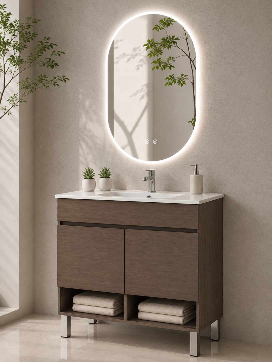 Meuble de salle de bain avec pieds NEBARI avec portes et lavabo extra-plat