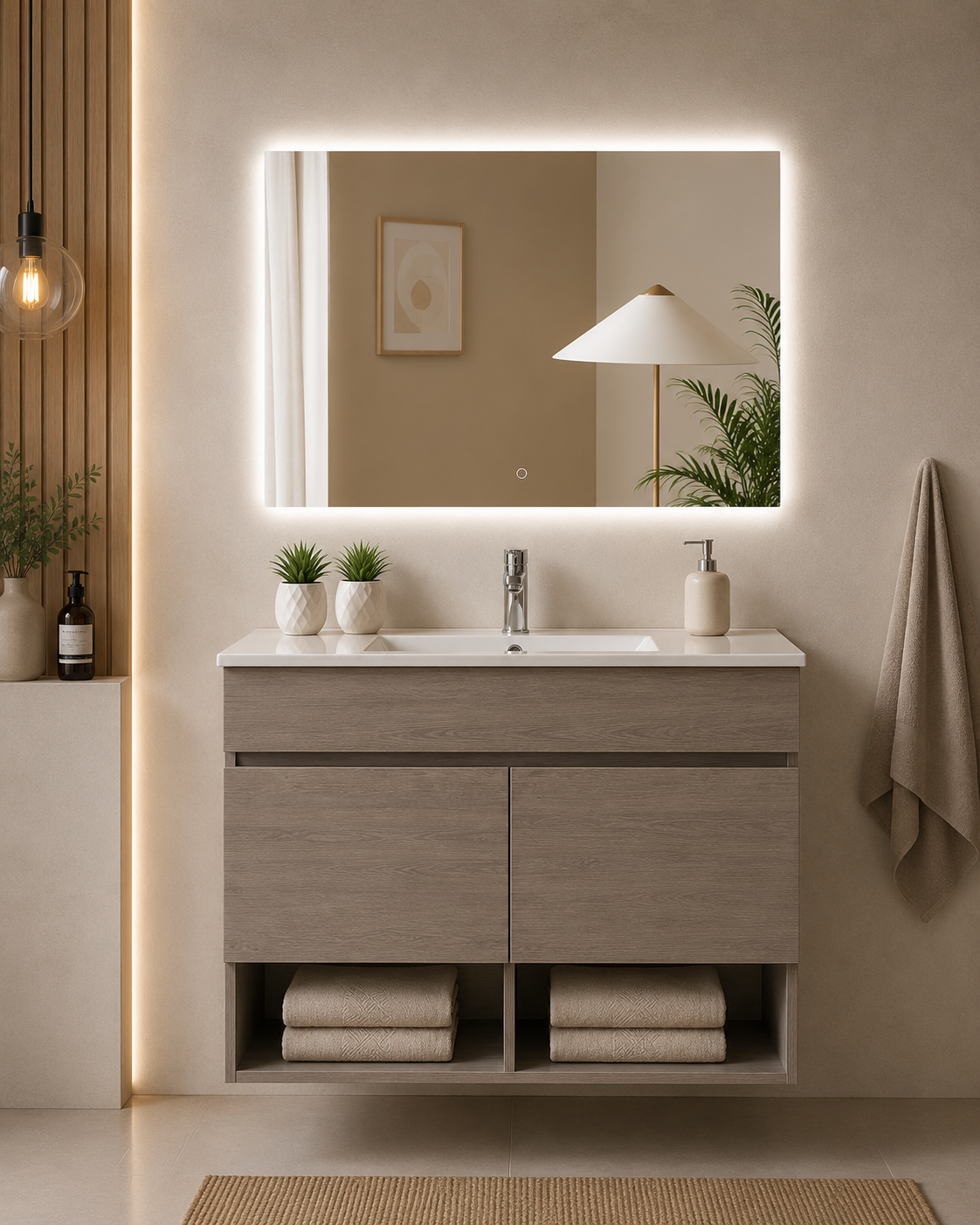 Meuble de salle de bain suspendu NEBARI avec portes et lavabo extra-plat