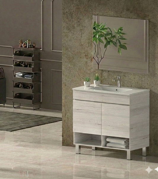 Meuble de salle de bain avec pieds NEBARI avec portes et lavabo extra-plat