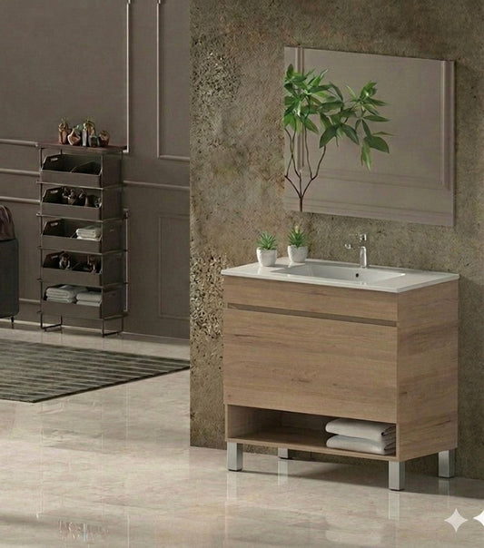 Meuble de salle de bain sur pieds NEBARI avec tiroir et lavabo extra-plat