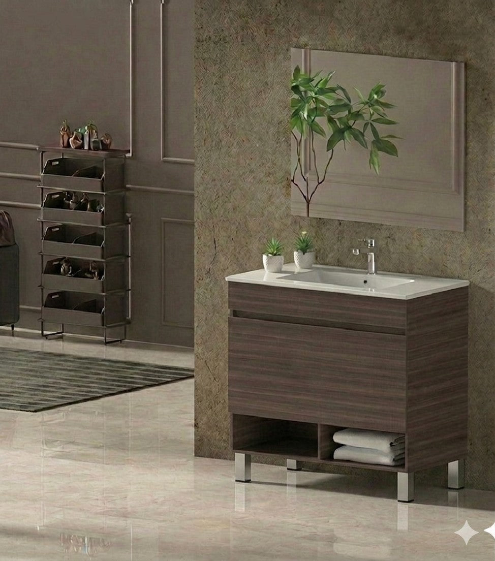 Meuble de salle de bain sur pieds NEBARI avec tiroir et lavabo extra-plat