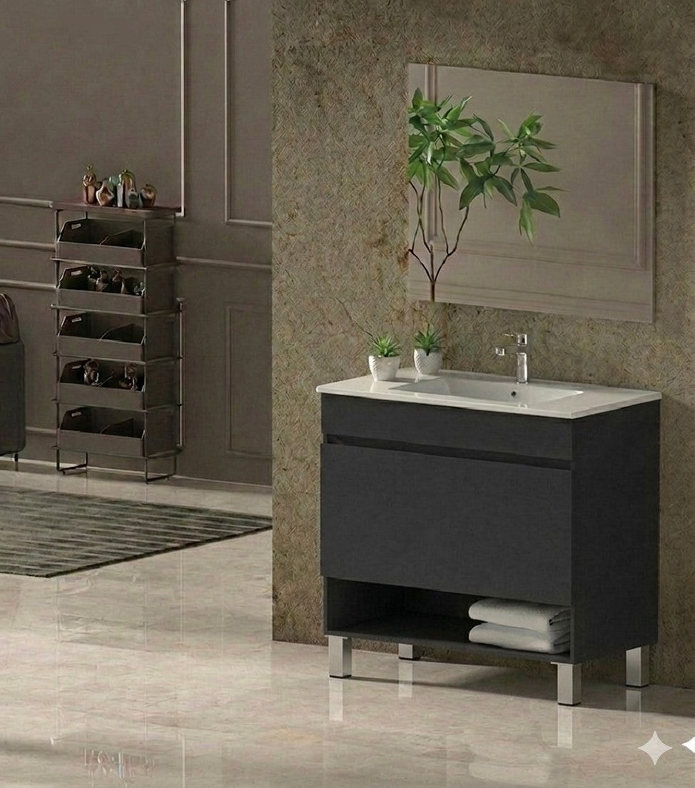Meuble de salle de bain sur pieds NEBARI avec tiroir et lavabo extra-plat