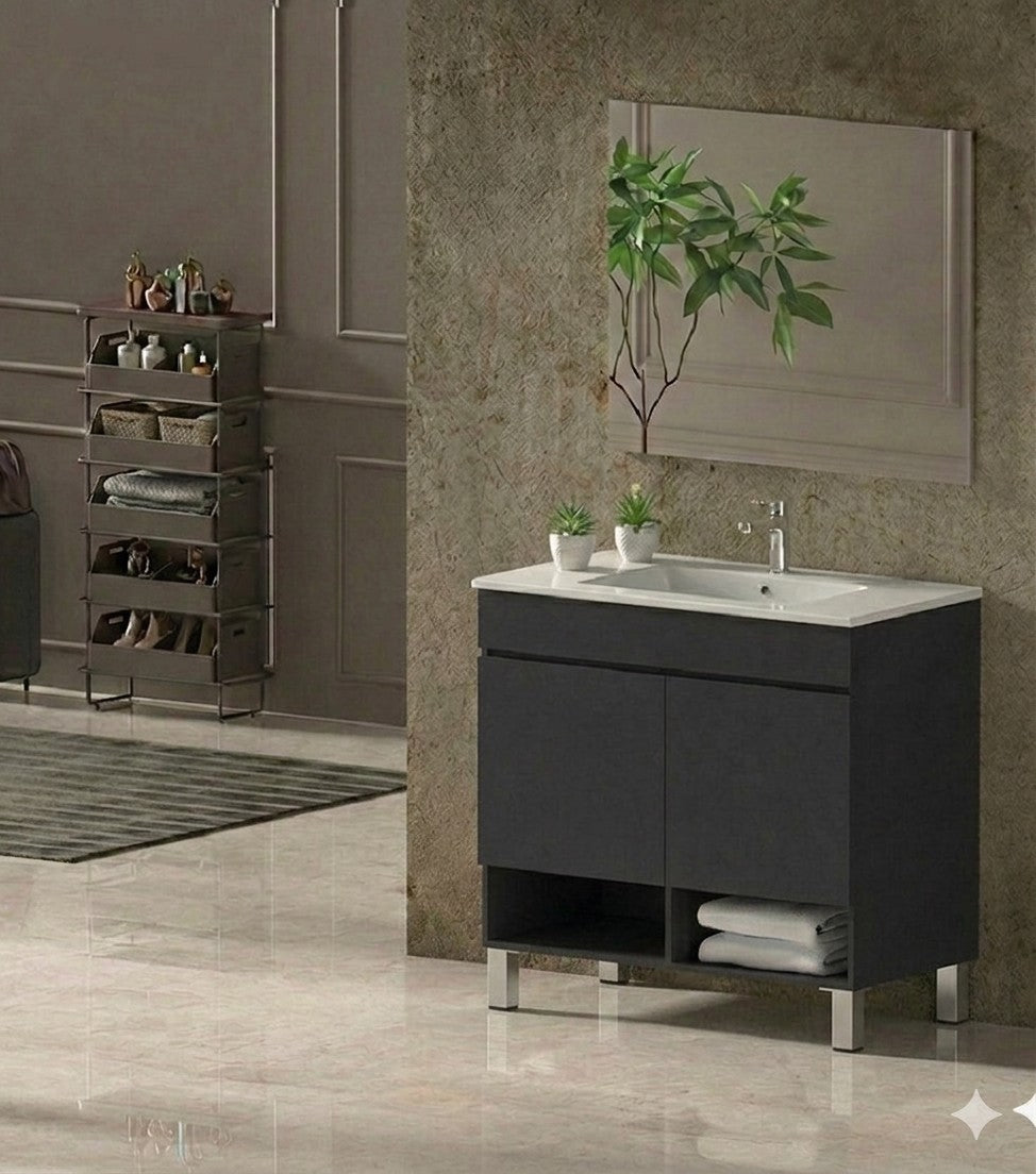 Meuble de salle de bain avec pieds NEBARI avec portes et lavabo extra-plat