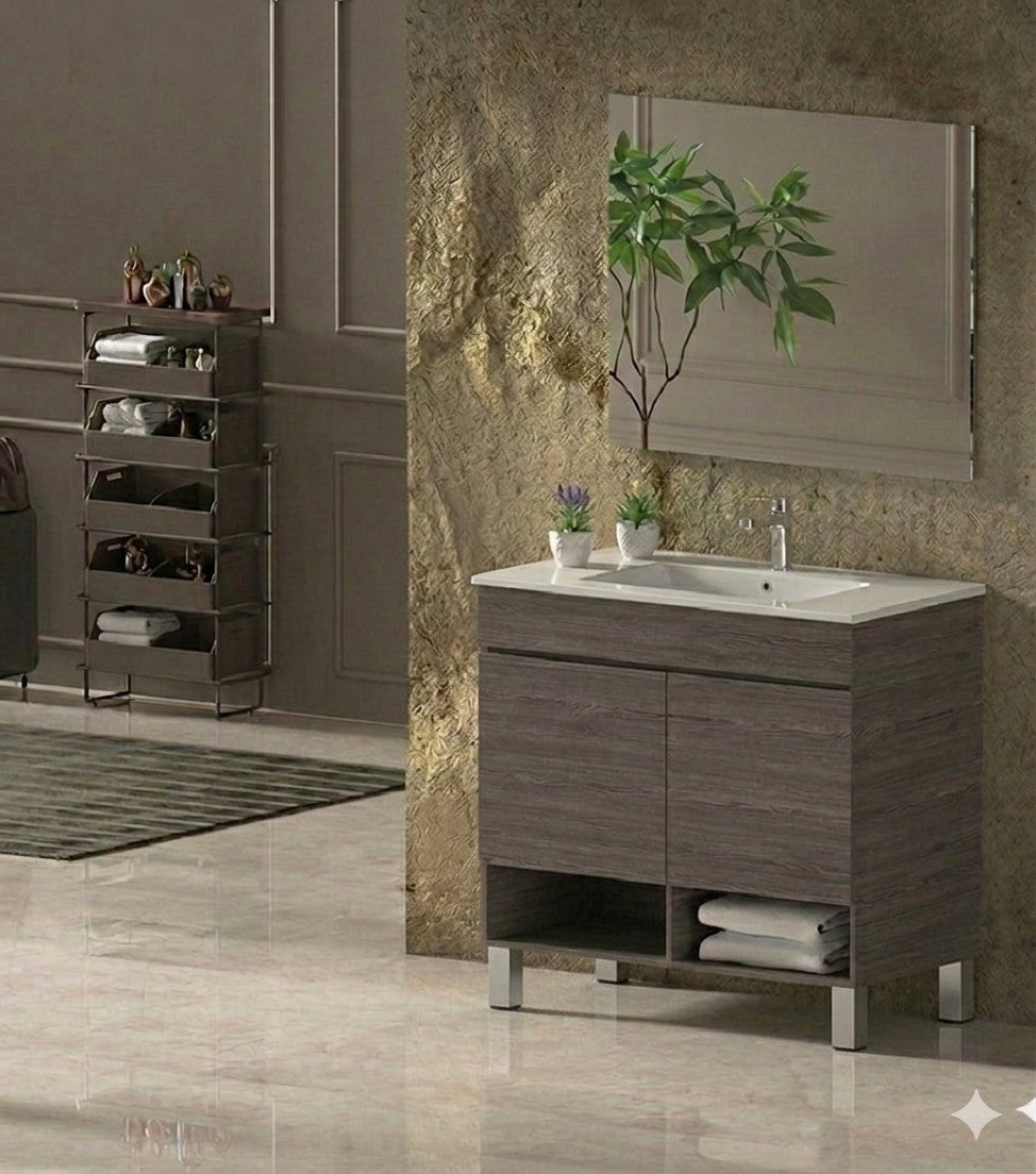 Meuble de salle de bain avec pieds NEBARI avec portes et lavabo extra-plat