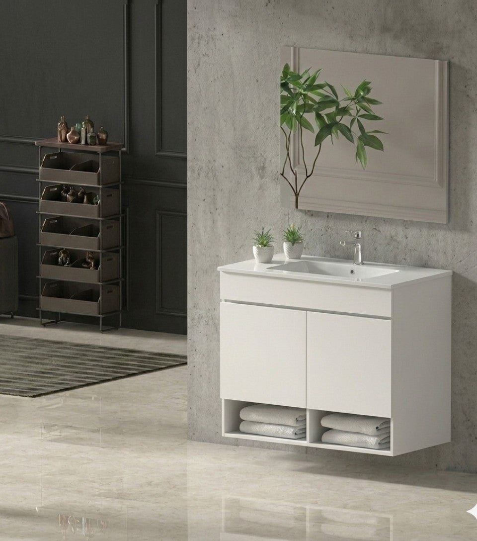 Meuble de salle de bain suspendu NEBARI avec portes et lavabo extra-plat