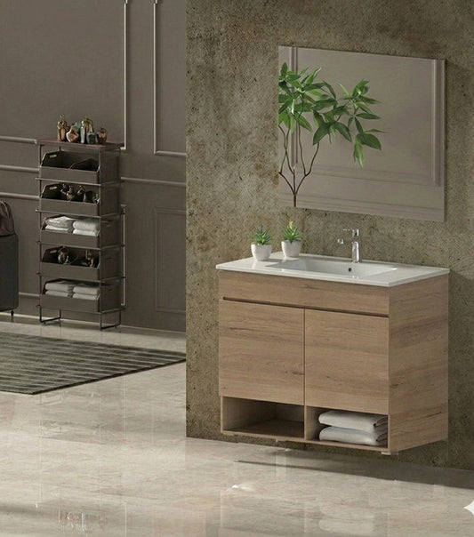 Meuble de salle de bain suspendu NEBARI avec portes et lavabo extra-plat