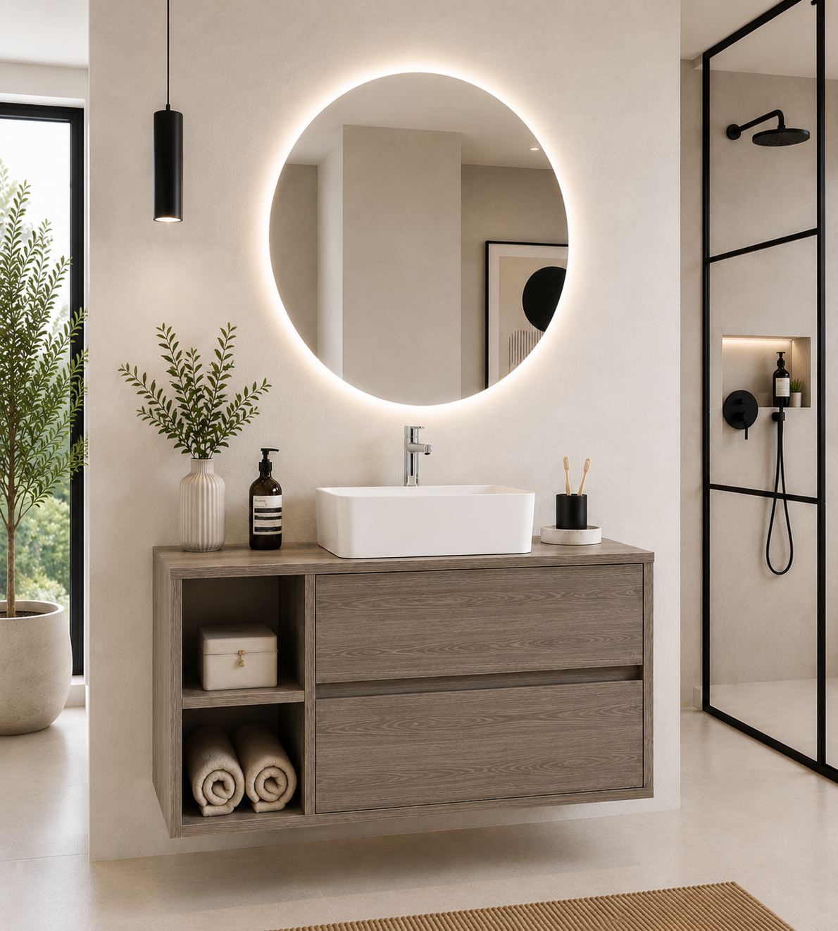 Meuble de salle de bain ZEUS avec plan de travail en bois et lavabo à poser