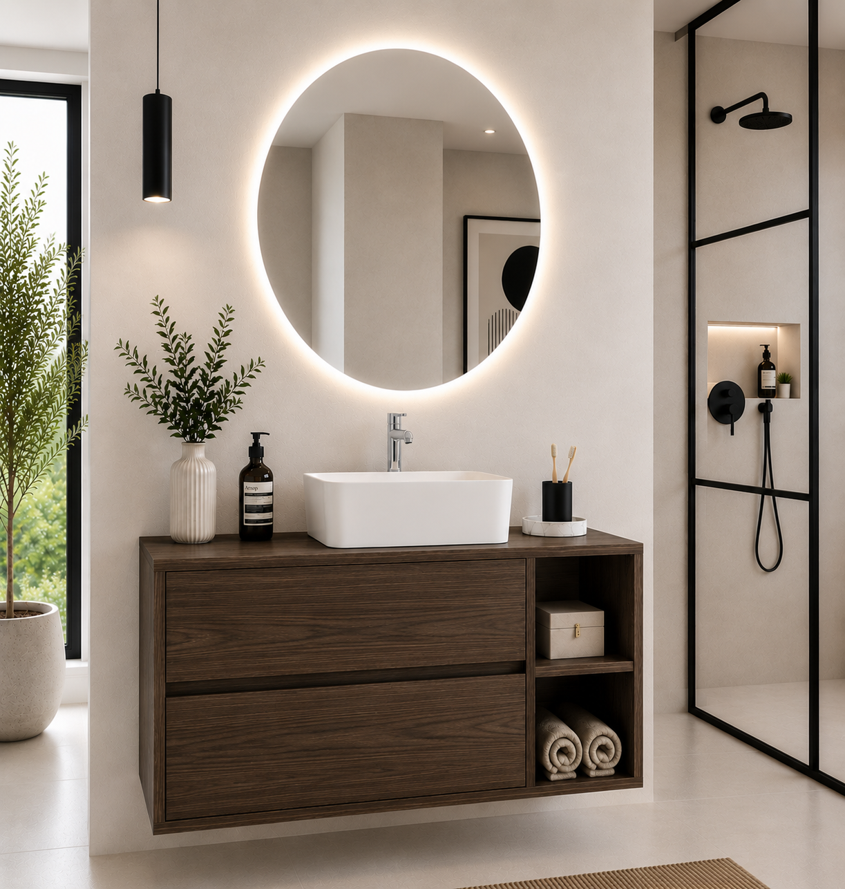 Meuble de salle de bain ZEUS avec plan de travail en bois et lavabo à poser