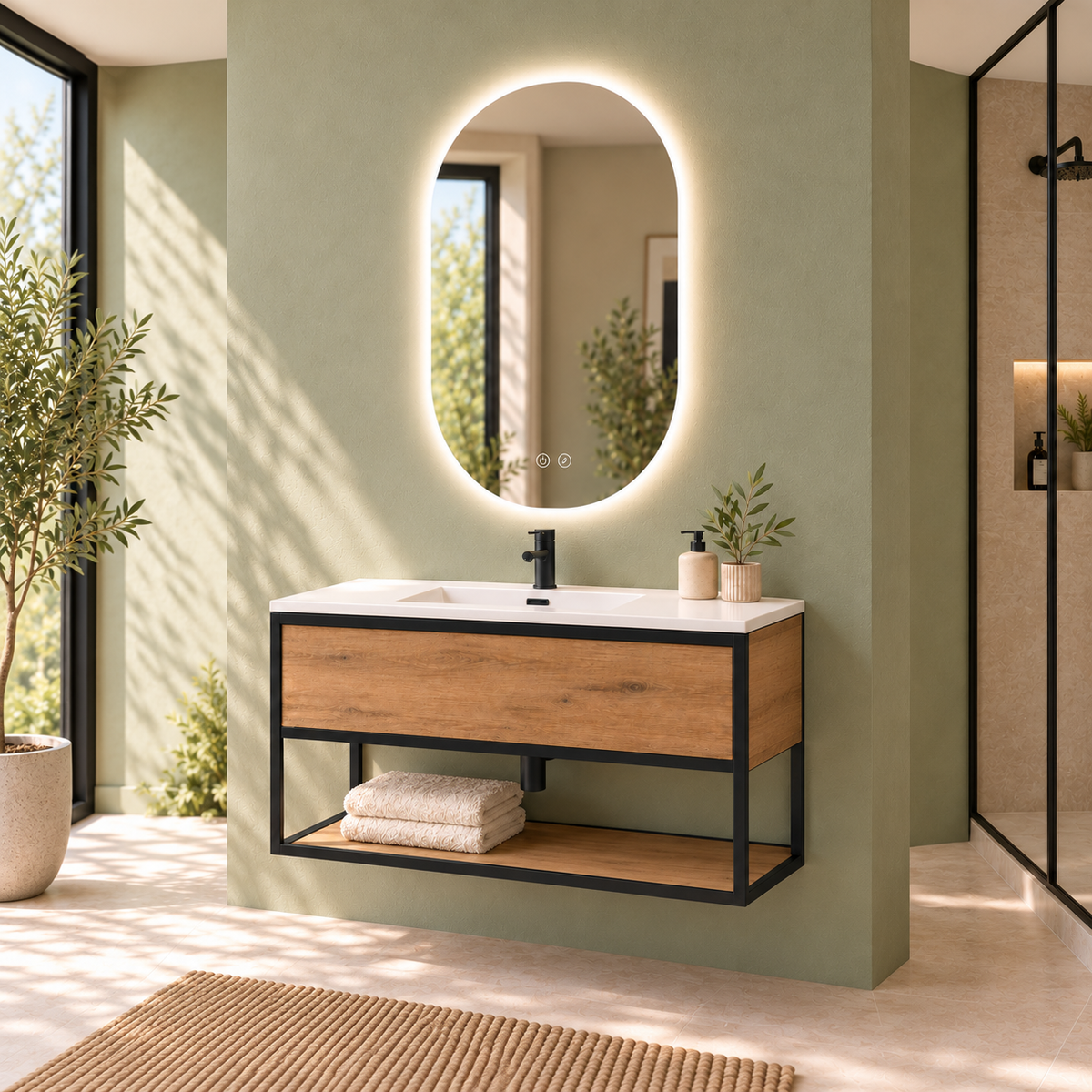 DORIA [1S] Mueble de baño DORIA suspendido con balda y lavabo integrado, vista de ángulo