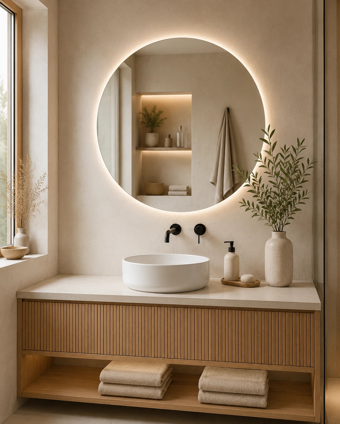 Miroir LED dans une salle de bains chaleureuse